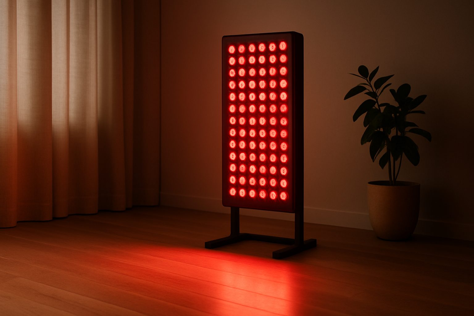 Premium red light therapy panel glowing in a minimalist modern wellness room
