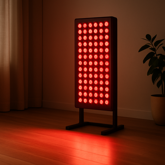 Premium red light therapy panel glowing in a minimalist modern wellness room