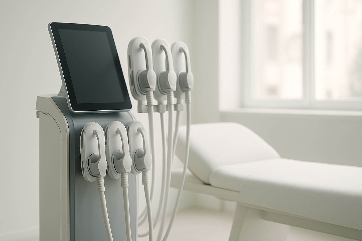 Professional EMS sculpting machine with four applicators in a modern clinic treatment room