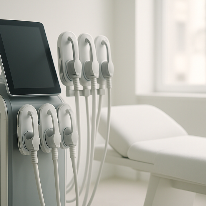 Professional EMS sculpting machine with four applicators in a modern clinic treatment room