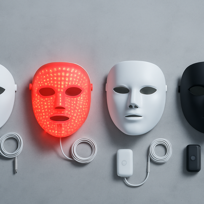 Overhead flat-lay of five at-home LED face masks on a grey surface, one glowing red