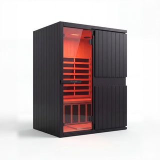 SaunaBox Solara infrared sauna with its illuminated interior.