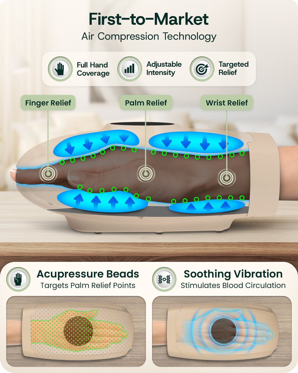 Lunix LX7 Touchscreen Heated Air Compression Hand Massager, Sand Beige
