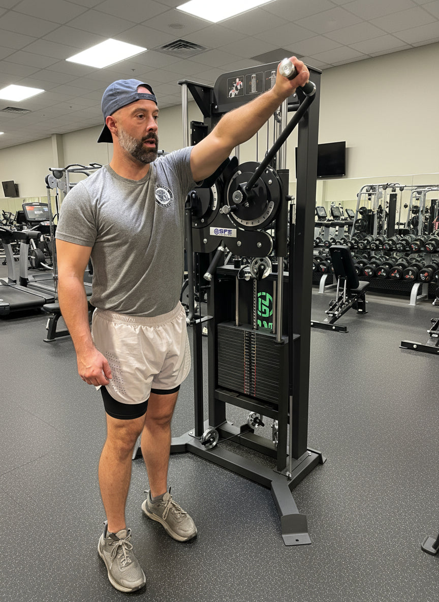 Sports & Fitness Exchange Standing Multi-Flight Shoulder Raise Machine