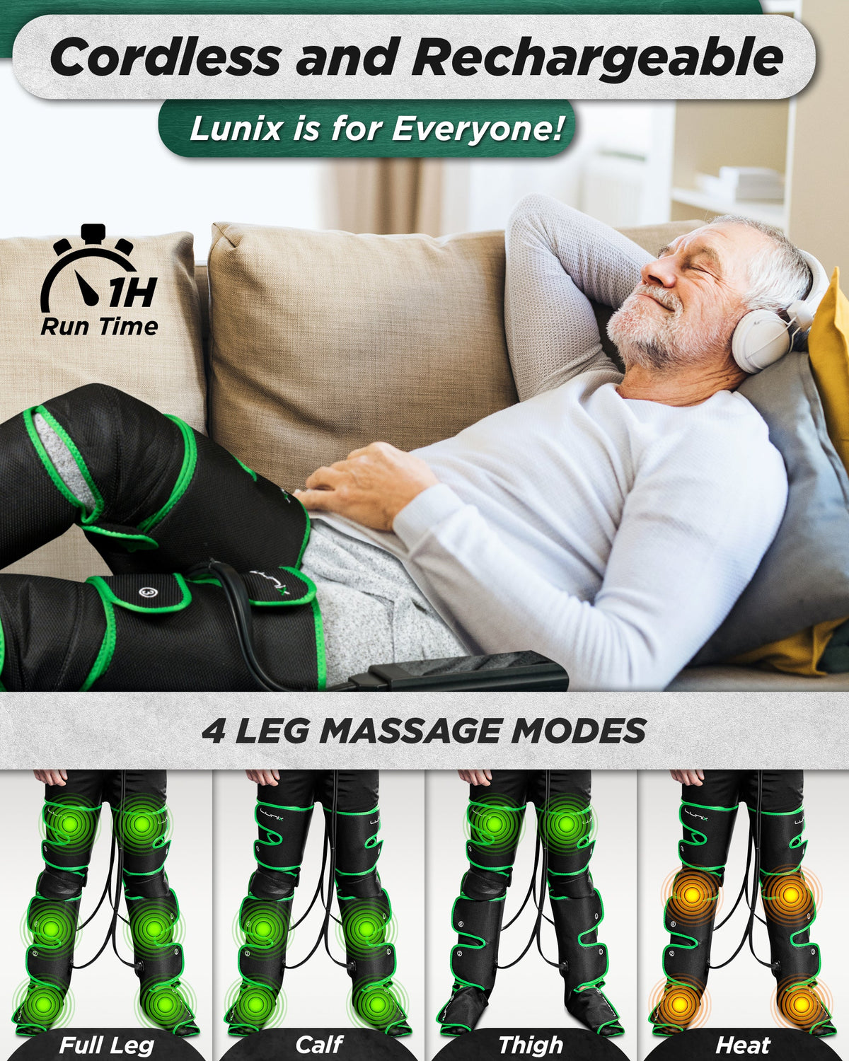 Lunix LX10 Full Leg Compression Massager, Forest Green