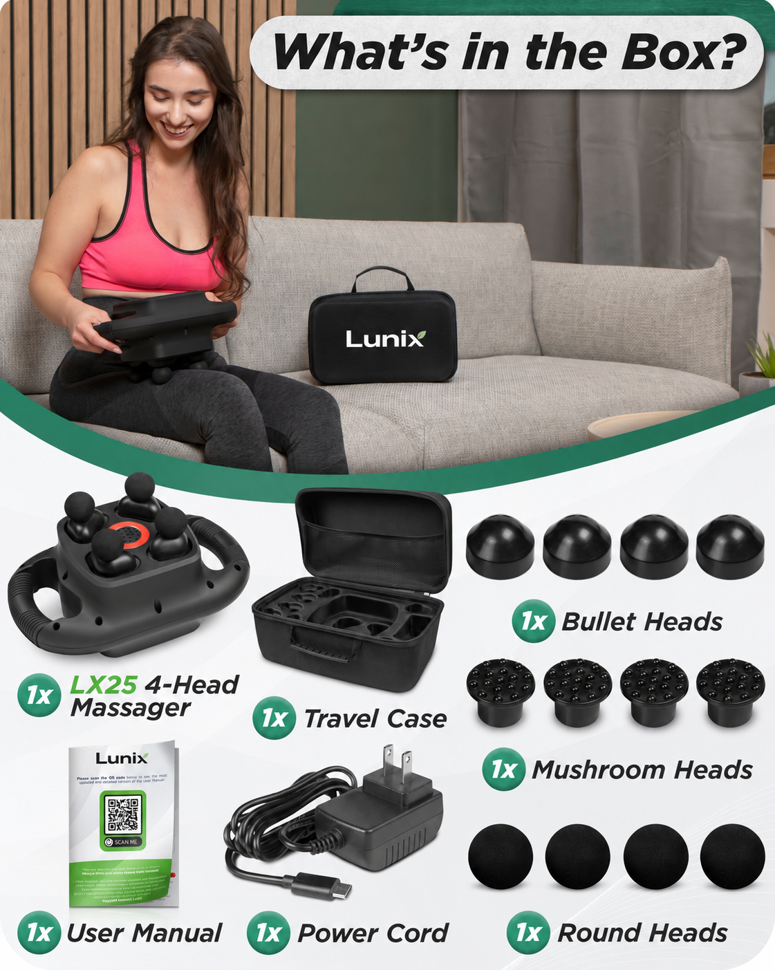Lunix LX25 4-Head Percussion Massager with Red Light, Charcoal Black
