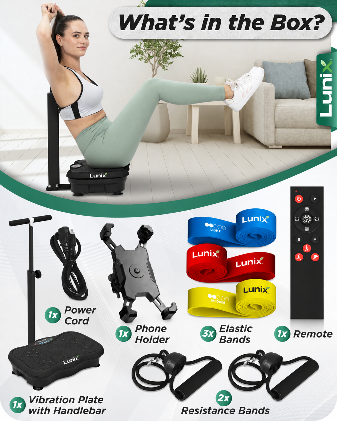 Lunix LX18 Vibration Plate with Adjustable Handlebar, Charcoal Black