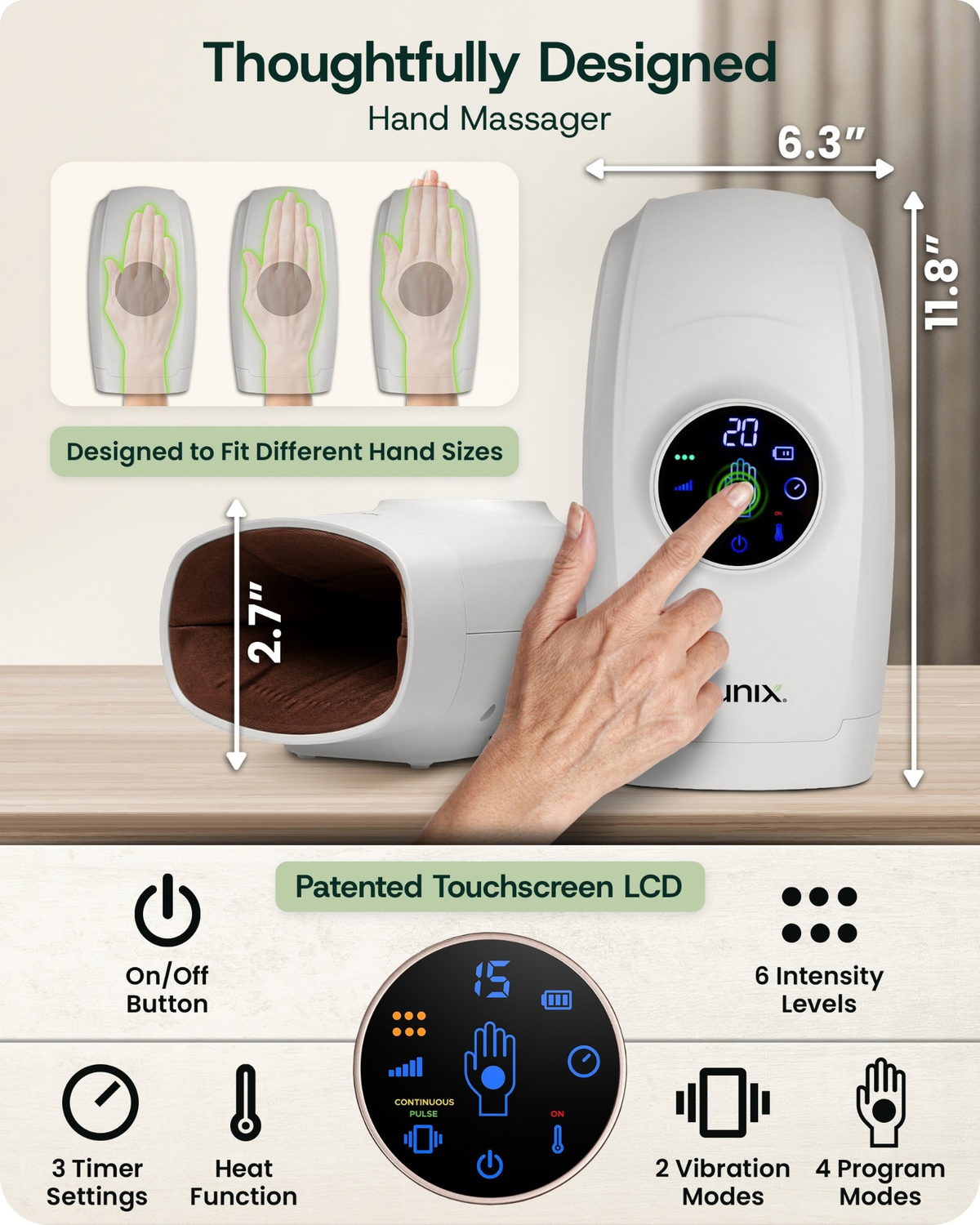 Lunix LX7 Touchscreen Heated Air Compression Hand Massager, Cloud Gray