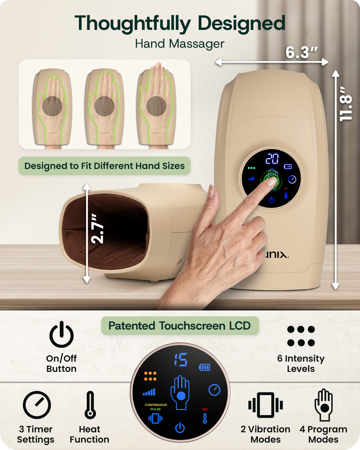 Lunix LX7 Touchscreen Heated Air Compression Hand Massager, Sand Beige