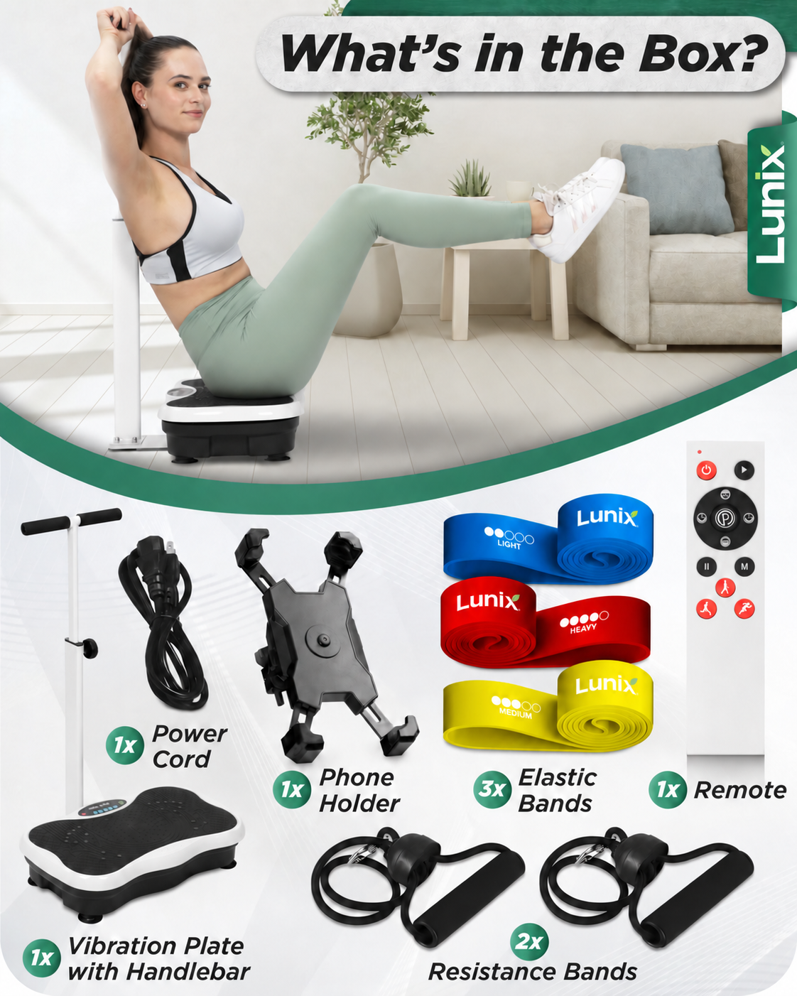 Lunix LX18 Vibration Plate with Adjustable Handlebar, Pearl White